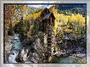 Stany Zjednoczone, Stan Kolorado, Jesień, Młyn Crystal Mill, Rzeka Crystal River, Skały