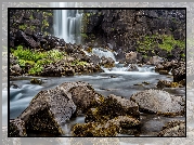 Wodospad Oxararfoss, Park Narodowy Thingvellir, Obszar Þingvellir, Islandia, Rzeka Oxara, Skały, Kamienie, Rośliny