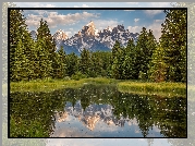 Park Narodowy Grand Teton, Rzeka Snake River, Góry Teton Range, Las, Drzewa, Chmury, Odbicie, Stan Wyoming, Stany Zjednoczone