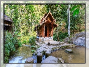 Kaplica środkowa, Świątynia Wat Khantha Phueksa, Las, Drzewa, Strumień, Rośliny, Mae Kampong, Chiang Mai, Tajlandia