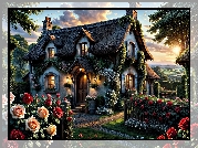 Dom, Ogród, Kwiaty, Róże, Promienie słońca, Grafika