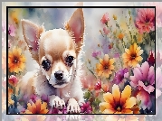 Chihuahua, Pies, Szczeniak, Kwiaty, Akwarela, Grafika