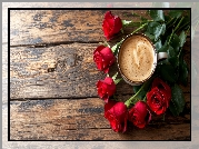 Kwiaty, Róże, Kawa, Drewno, Deski
