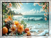Morze, Plaża, Palmy, Kwiaty, Plumeria, Owoce, Ananas, Pomarańcze
