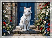 Biały, Kot, Kwiaty, Niebieskie, Drzwi, Grafika