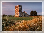 Wielka Brytania, Anglia, Wimborne, Kościół, Knowlton Church, Ruiny, Drzewa, Trawa, Zachód Słońca