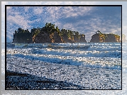 Stany Zjednoczone, Waszyngton, Park Narodowy Olympic, Półwysep, Olympic Peninsula, Morze, Fale, Plaża Rialto, Skały, Drzewa