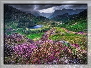 Anglia, Cumbria, Park Narodowy Lake District, Góry, Jezioro, Wrzosowisko, Chmury, Skały