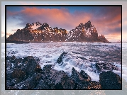 Morze, Skały, Kamienie, Góry, Góra Vestrahorn, Islandia